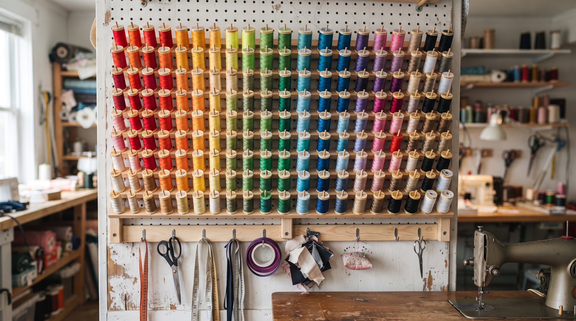 Vetrina atelier con attrezzi da ricamo